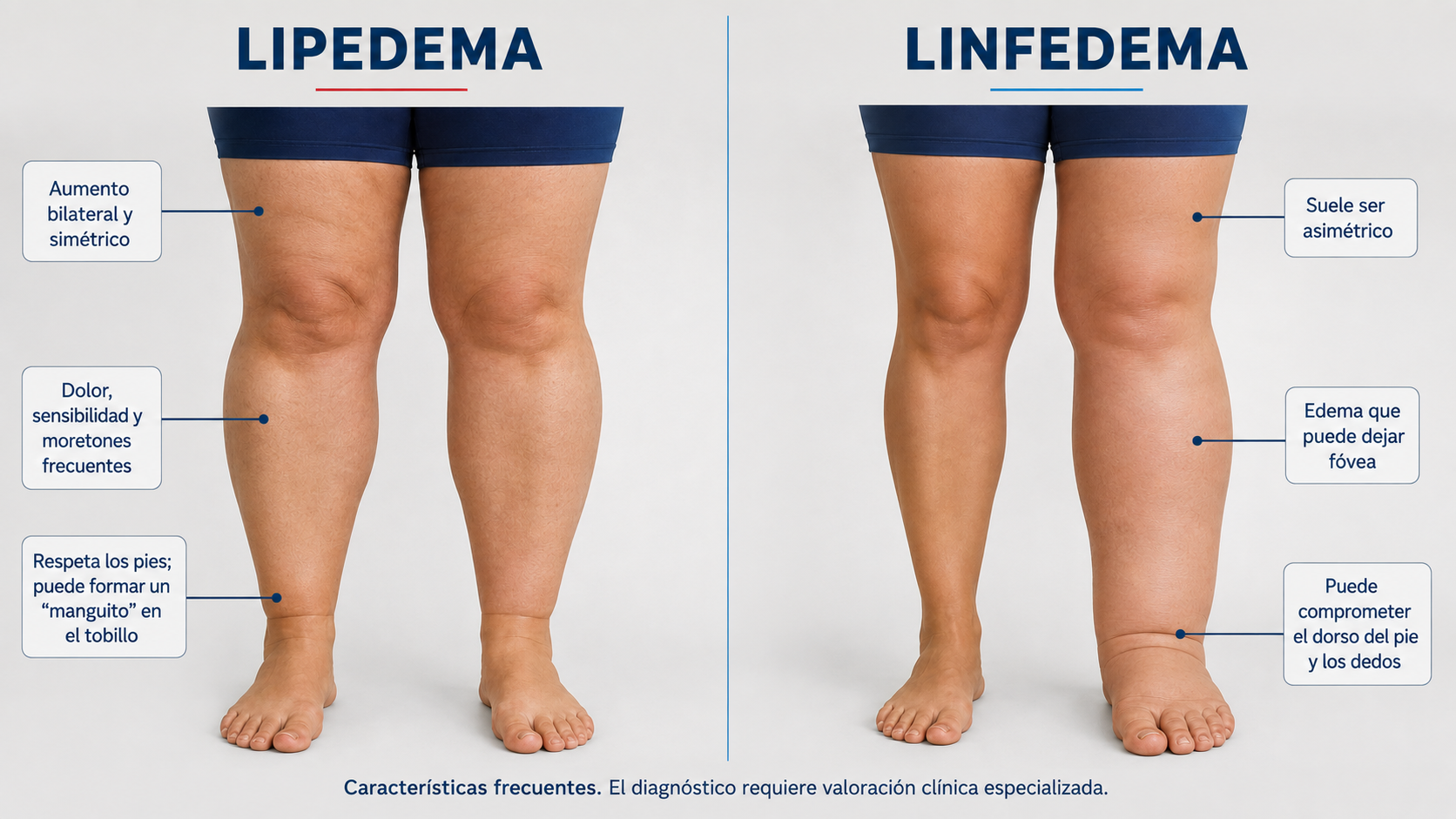Comparación visual de características frecuentes de lipedema y linfedema